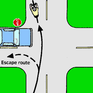 Avoiding a driver who inches out from a stop sign (4 kB gif)