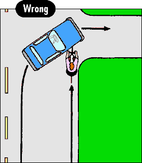 If you hug the edge, a turning car is a greater hazard. (5 kB gif)
